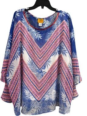 Ruby Rd. Blue & Pink Chevron Floral Tunic